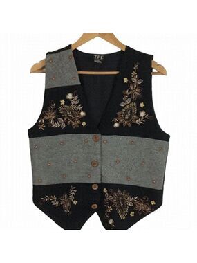 VINTAGE Wool floral embroidered vest black grey medium Cottagecore grandmacore